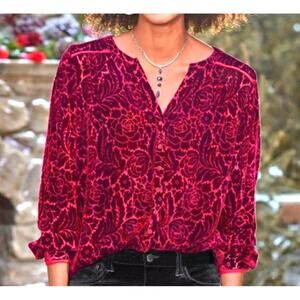 Sundance Velvet Obsession Button Top Burnout XS Burgundy Red Silk Blend Floral